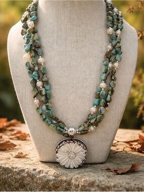 Triple Strand Turquoise Pearl Sterling Silver Tibetan Bone Pendant Necklace 22”